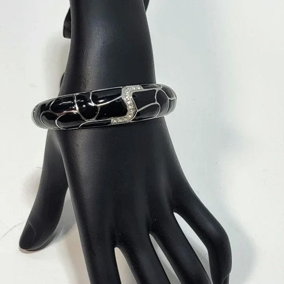 Lia Sophia Silver and Black Rhinestone Accent Bangle Hinged Bracelet - Picture 6 of 7